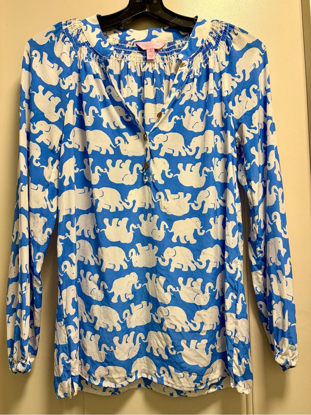 Lilly Pulitzer Elsa Silk Blouse Top Tusk in the Sun Blue White Elephant Print XS